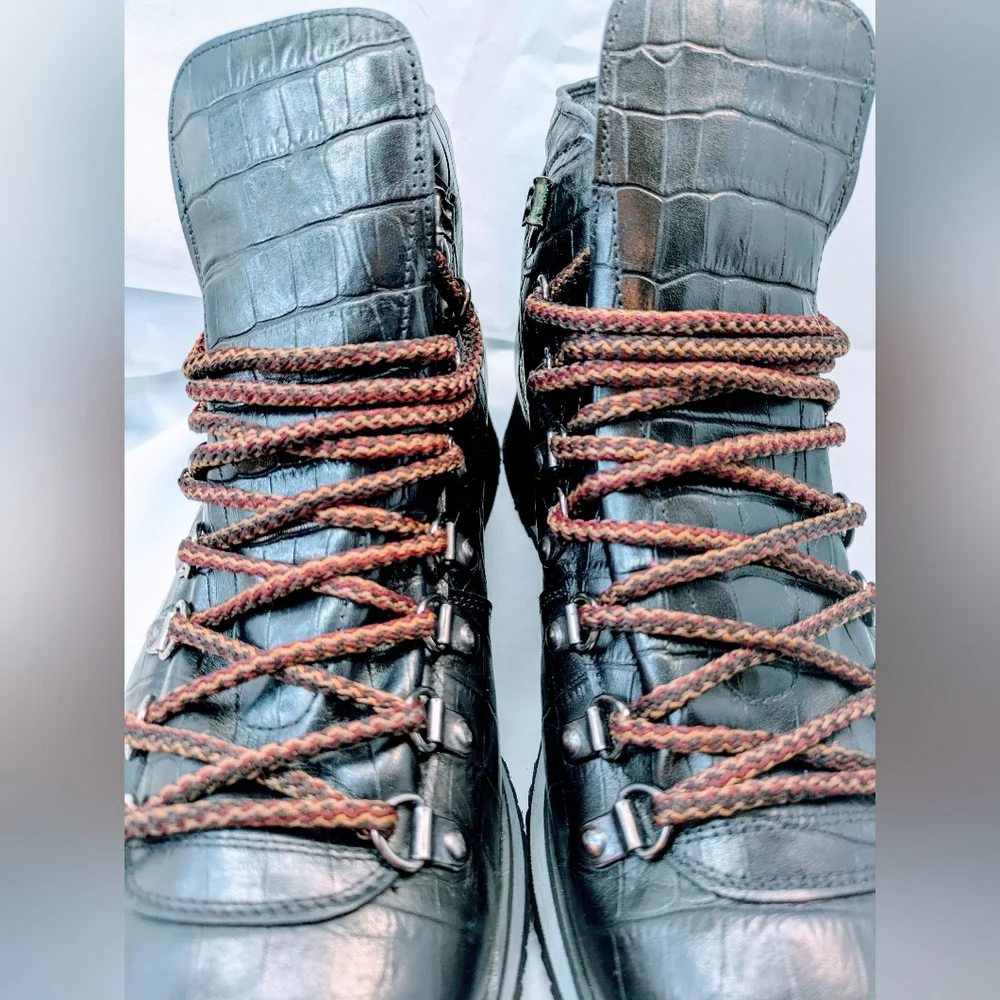 PRADA NEW Men's Black‎ Crocodile Pattern Hiking Boots, Size 43
